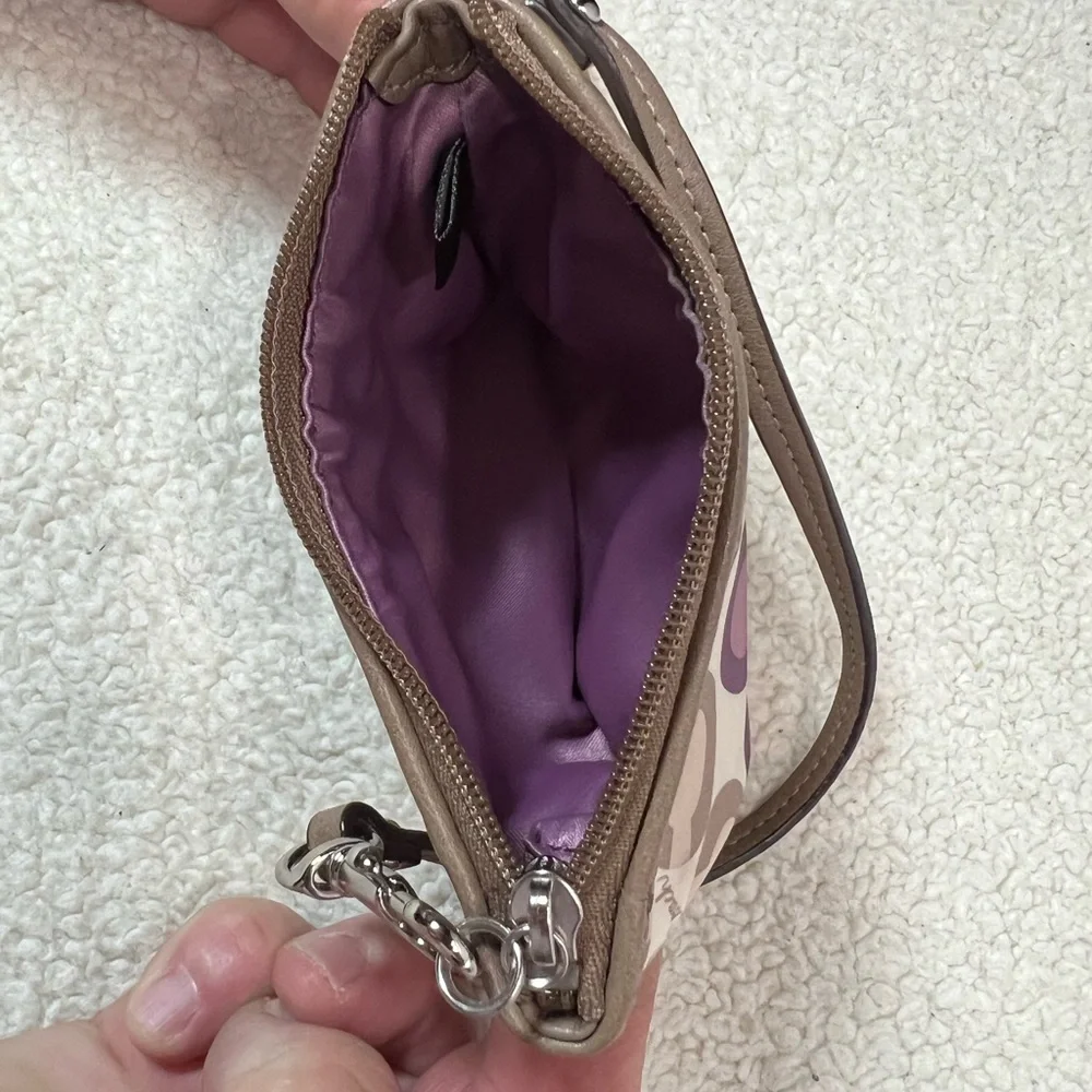 Coach Signature Circle Print Wristlet in Brown, Cream & Purple